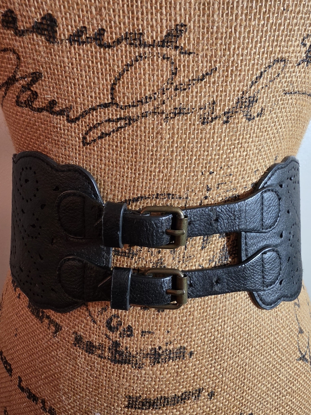 Women's Black Double-Buckle Wide Waist Belt with Decorative Perforation